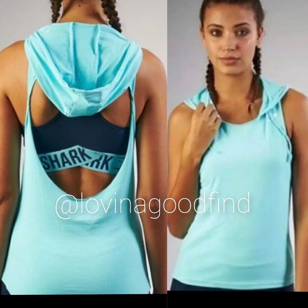 Gymshark Hooded Open Back Aqua Moisture Wicking Tank Top Pullover Vest EUC Sz XS